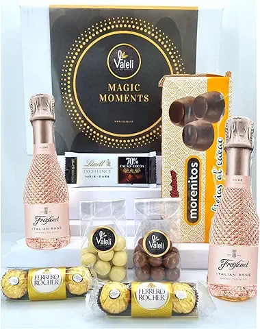 Valeli, Freixenet 2 cava mini 200ml Italian Rosé.Cesta Delicatessen Bombones Ferrero Rocher, Lindt. Regalo Original Navidad, San Valentín, Cumpleaños.Estuche Gourmet para Regalar (ITALIAN ROSÉ)  