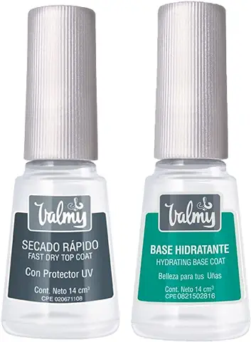 Valmy Base Hidratante y Secado Rápido para Uñas Tratamiento de Esmalte Fortalecedor con Keratina y Vitamina E y Top Coat para Brillo y Protección - 14 ml c/u  