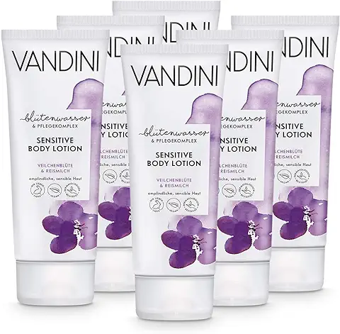 VANDINI Loción Corporal Sensitiva con flor de de Violeta y Leche de Arroz - Crema Corporal para Pieles Sensibles y Delicadas - Libre de Siliconas y Parabenos - 6x 200 ml  