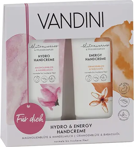 VANDINI Set de Regalo para Mujer con Crema de Manos Hidratante y Energetica - Para Pieles Normlales a Secas - Kit de Regalos Vegano  