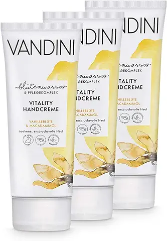 VANDINI Vitality Crema de Manos para Mujeres con flor de Vainilla y Aceite de Macadamia - Cremas Intensiva para Pieles Secas - Libre de Siliconas y Parabenos - 3x 75 ml  