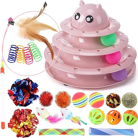 Vealind Juego de 21 Juguetes Interactivos para Gatos de Interior, Juguete Divertido para Gatos de 3 Niveles, Juguete para Gatos (rosa)  