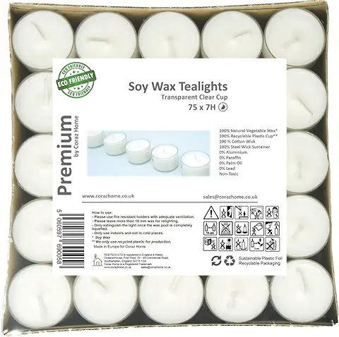 Velas de Cera de Soja Premium Candelas en Taza Tansparente con Luces Nocturnas No Tóxicas Sin Perfume de Cera Blanca (75 Candelas - 7 Horas)  
