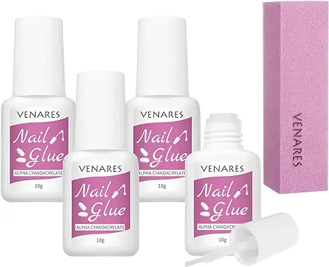 Venares Pegamento Uñas Postizas Super Fuerte Para Uñas Acrílicas, 4 x 10g Pegamento de Uñas con Cepillo por Tips De Uñas Y Uñas A Presión, Extra Fuerte Nail Bond Pegamento Con Buffer Uñas  