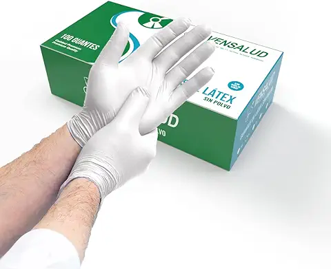 VENSALUD | Guantes de LÁTEX Desechables | Sin Polvo | Resistentes y Cómodos | Para Laboratorios, Sanitarios, Cocina, Estudios de Tatuaje, Veterinaria, Limpieza, Examen | 100 uds. | Blanco | Talla S  