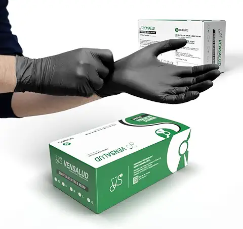 VENSALUD | Guantes de NITRILO Desechables | Sin Polvo | Resistentes | Para Laboratorios, Sanitarios, Cocina, Estudios de Tatuaje, Veterinaria, Limpieza, Examen | Sin Látex | 100 uds. | Negro | Talla M  