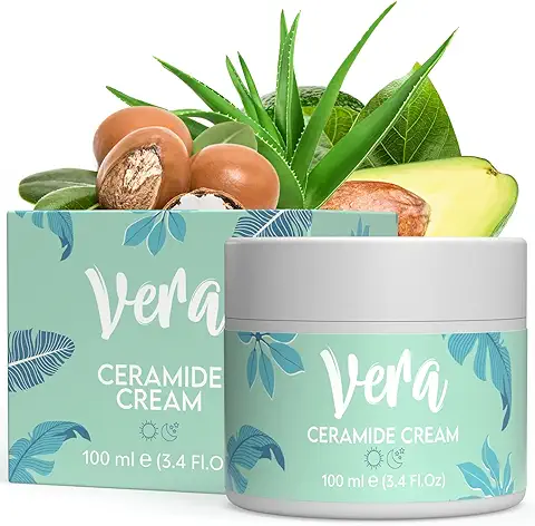 Vera Crema Hidratante Facial Mujer Orgánica con Ceramidas, Acido Hialuronico Puro y Aloe Vera - Crema Antiarrugas Mujer, Día y Noche - Crema Facial Mujer y Hombre, Hidrata y Regenera la Piel - 100ml  