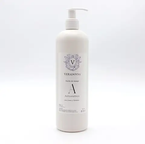 VERADONNA - Aceite Corporal ANTICELULÍTICO - 500ml – Con Aceites Esenciales ALMENDRAS, LIMÓN Y GERANIO | Para Masajes | Elimina Retención de Líquidos, Estimula la Circulación  