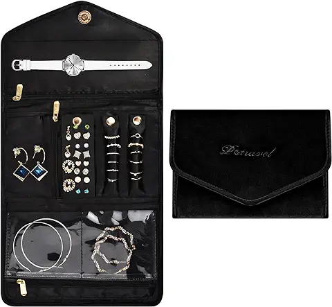 Vesaneae Terciopelo Estuche Joyas Bolsas Viaje,Rollo Organizador de Joyero Viaje,Joyería Organizador de Viaje,Organizador de Joyería Plegable (negro)  