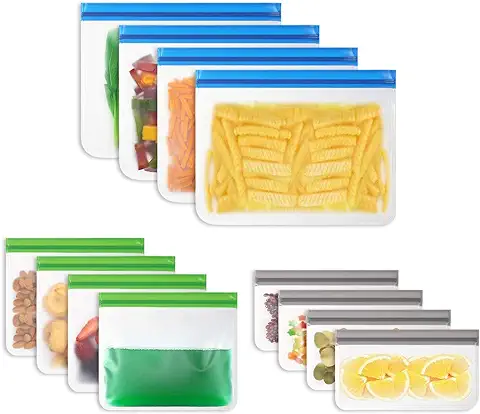 Vicloon Bolsas de Silicona Reutilizables, 12 Pack Bolsas Congelar para Almacenamiento de Alimentos, Bolsas de Conservacion para Fruta Sandwiches Verduras, Sin BPA  