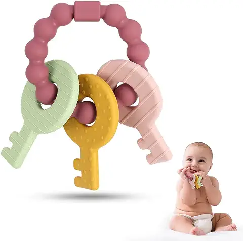 Vicloon Mordedor Bebe, Mordedor de Madera y Silicona del Juguetes para la Dentición, Juguetes de Madera Bebé Masticar para Calmar Las Encías de Los Bebés para Bebés de Más de 3 Meses-burdeos  