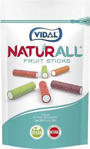 Vidal Golosinas. Naturall Fruit Sticks. Trocitos de Regaliz Vegano Pica con Colorantes y Aromas Naturales. Sabores Fresa, Manzana, Cereza, Melocotón. Doypack 180 g.  