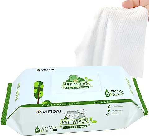 VIETDAI Toallitas Perro Higiene Patas Toallitas Gatos para Limpiadoras Perros Culo Ojos Orejas Cuerpo y Pelo Toallitas Mascotas con Aloe Vera y Vitamina E -80 Hojas  