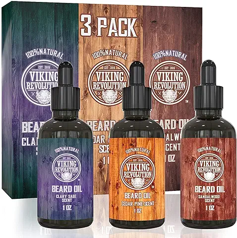 Viking Revolution Aceite Para Barba, Pack De 3 (28g C/u)- Set De Regalo Completamente Natural para Hombre - Aroma A Sándalo, Pino Y Cedro, Salvia - Acondicionador Y Hidratante  