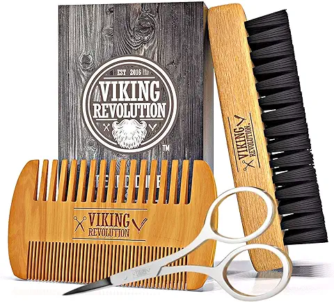 Viking Revolution Set De Cepillo y Peine para Barba de Hombre - Cuidado De Bigote - Cerdas De Jabalí Naturales Y Peine De Madera De Doble Acción Con Bolsa De Viaje  