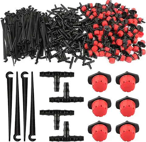 VINFUTUR 300pcs Riego por Goteo Kit, Goteros Riego Cabeza+Conectores Riego+Soportes para Tubo 4/7mm Accesorios para Goteo Sistema Irrigación Jardín Huerto Patio Césped  