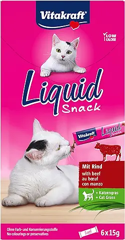 Vitakraft 23521 - Merienda Líquida con Carne de res y Hierba de Gato, 1 Paquete con 6 Bolsas de 15 gr, Total 90 gr  