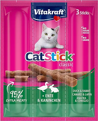 Vitakraft Cat Stick Classic - Snack para Gatos, Barritas de Pato y Conejo, Envase de 3 Sticks de 6 g  