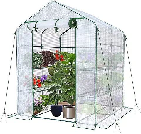 VOUNOT Invernadero de Jardín 143x143x195 cm Vivero Casero Plantas Cultivo con Puerta Enrollable y Ventana, Invernadero Huerto Caseta de Jardín 8 Estantes para Plantas Macetas Flores, Blanco  