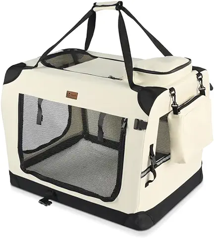 VOUNOT Transportín Perro Gato S 50x35x36cm, Bolsa Transporte Transpirable Mascotas con Bolsillos Alfombrilla Extraíble Tira Reflectante, Caja Plegable Transportadora Portador de Viaje Mascotas, Beige  