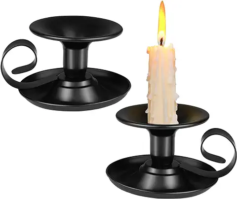 Vusddy Candelabros de Hierro Retro - Set de 2 Palmatorias para Velas con Asa - Soporte de Velas Vintage Negro para Decoración de Bodas, Fiestas, Cenas, Hogar, Comedor, Navidad y Halloween  