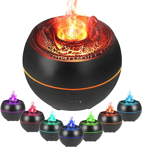 Vusddy Difusor De Aromas con Efecto Llama, Difusor De Aceites Esenciales, 7 Colores, 3 Temporizadores, Apagado Automático Sin Agua, Humidificador Difusor para El Hogar, Oficina, Dormitorio(Black)  