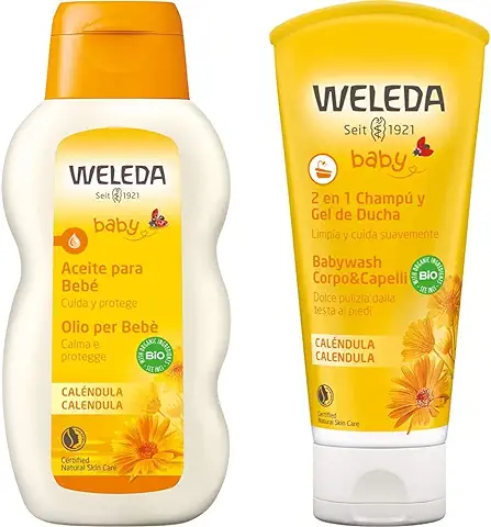 WELEDA Aceite de Caléndula para Bebé (1x 200 ml) + Champú Y Gel de Ducha de Caléndula (1x 200 ml)  