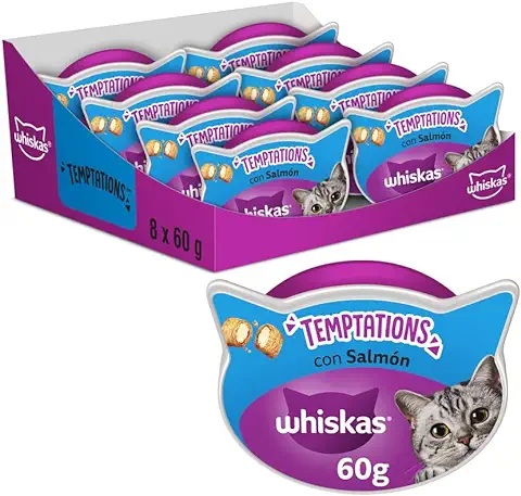 Whiskas Temptations Premios para Gatos, Sabor Salmón (Pack de 8 x 60g)  