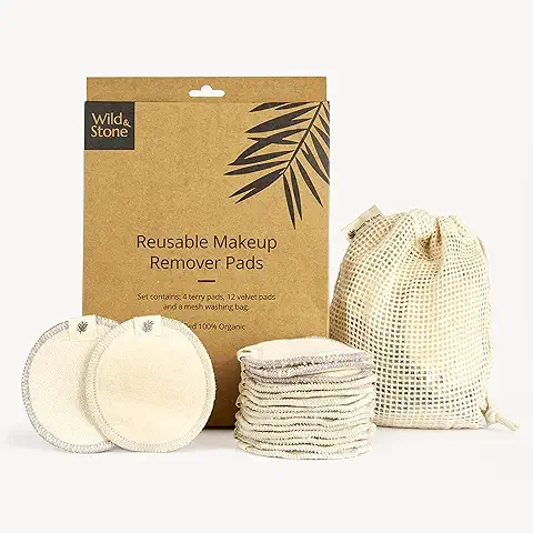 Wild & Stone | 16 Almohadillas de Maquillaje Reutilizables en Bolsa de Malla, 100% Algodón Orgánico  