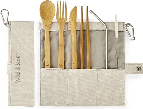 Wild & Stone | Reutilizable Orgánico de Bambú de Picnic Cubiertos Conjunto | Cuchara, Tenedor, Cuchillo, Palillos y Acero Inoxidable Paja de Lino Bolsa | 8 Piezas  