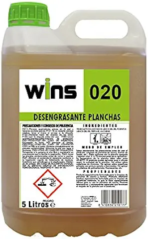 WINS 020 Desengrasante Concentrado Profesional para la Limpieza de Planchas de Cocina y Hornos. Botella 5 Lt  