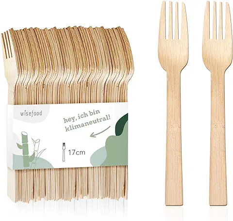 Wisefood Tenedores Desechables de Bambú, 100 Tenedores de Bambú de 17 cm, Cubiertos Desechables Biodegradables, Juego de Vajilla de Bambú, Cubiertos de Bambú Natural, Vajilla de Fiesta  