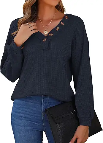 WNEEDU Suéter Señoras Blusas Manga Larga Cuello en V Camisas Casual Waffle Knit Tops Túnica Tops con Botones Decorativos  