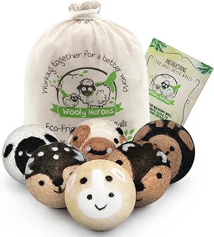 Wooly Heroes Pelotas de lana para secador – ecológicas orgánicas – Paquete de 6 XL ~ suavizante de tela reutilizable ~ con libro electrónico natural gratuito para la ropa (Baby Vow & Friends)