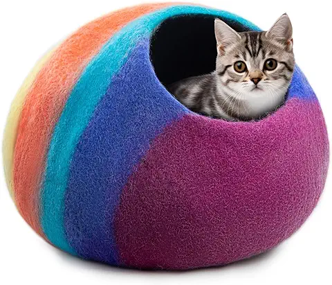 Woolygon Cama de Lana para Gatos Hecha a Mano de 100% Lana Merino, Cueva de Fieltro Ecológica para Gatos y Gatitos de Interior (Giro Arcoíris)  