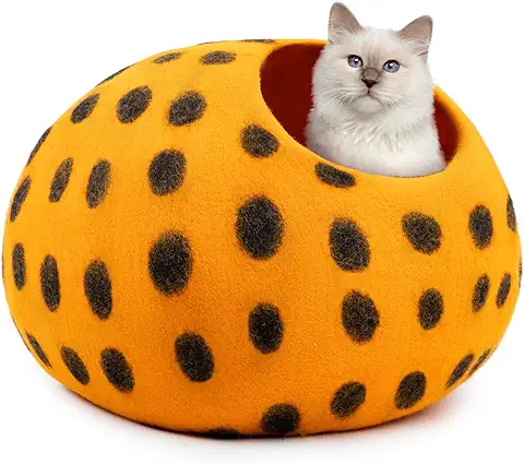 Woolygon Cueva De Cama De Fieltro Para Gatos, Camas De Lana Para Gatitos Hechas A Mano Para Gatos De Interior, Hecha De 100% Lana Merino Ecológica, Casa Plegable Para Gatos (Puntos Naranja/Negro)  