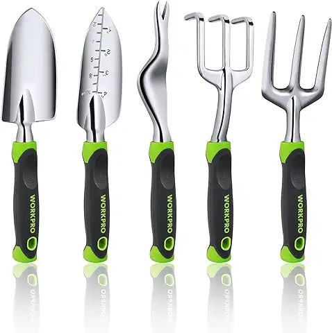 WORKPRO - Juego de Herramientas de Jardinería (5 Piezas, Aluminio Fundido con Horquilla, Sarcloir, Garra, Trasplantador, Pala de Tierra para Jardinero  