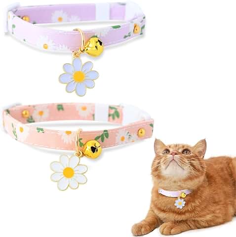 XIXKOLYU® Pack de 2 Collares de gato con Cascabeles de Algodón con Colgante de flor rosa y Morado, Collar de Gatito, Ideal para Gatos  