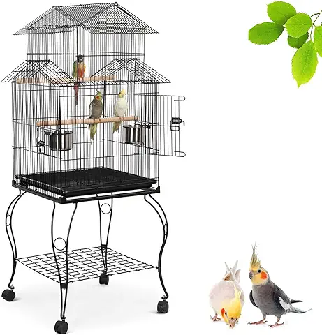 Yaheetech Jaula para Pájaros con Ruedas y Soporte de Comedero 59.5 x 59.5 x 140 cm - De Hierro - Color Negro  