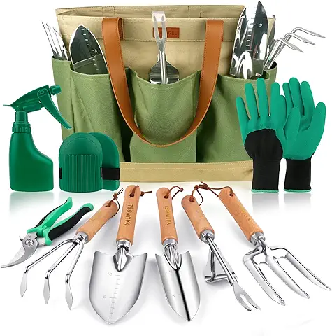 YAUNGEL Juego de Herramientas de Jardinería, 10 Piezas de Acero Inoxidable de Uso Pesado con Mango de Madera Antideslizante - Regalos para Mujeres y Hombres  