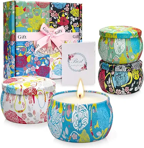 YMing Velas Perfumadas, Juego de 4 Piezas 5.65 Oz Velas Aromática, Estaño de Viaje de Cera Natural de Soja Portátil, Regalos Originales para Mujer, Regalo Dia de la Madre  