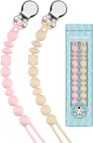 Yolnkos Cadenas Chupetes Silicona Clips De Chupete Para Bebé Porta Sujetadores Chupetero Soothie Clip Sujeta Chupete Holder Binky Clips Niños Niñas(Rosa,Beige)  