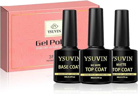YSUVIN Esmalte Semipermanente No Wipe Top Coat, Base Coat y Opaque Top Coat, 3 x 8ML Base Coat Top Coat y Opaque Top Coat Pintauñas Semipermanentes, UV/LED Gel Uñas, Durable, Larga Duración  