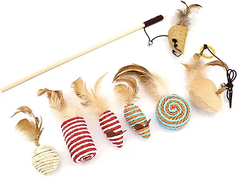 Yuning Juguete de Gato,7 Piezas de Reemplazable Juego de Regalo,Juguetes para Gatos con Plumas Interactivo Caña de Juegos,Juguete para Plumas de Gato, de Juguete de Gatopara Gato  