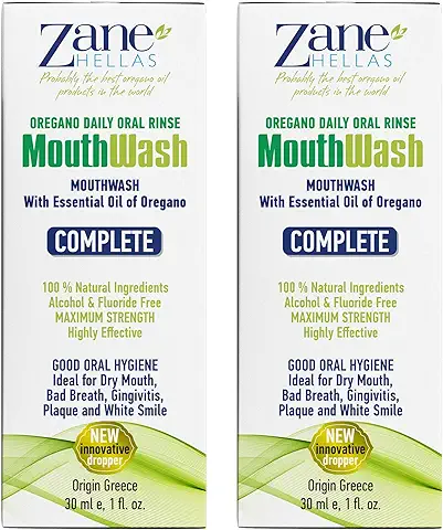 Zane Hellas MouthWash. Enjuague Bucal con Aceite de Orégano.Ideal para la Gingivitis, la Placa, la boca seca y el mal Aliento.Libre de Alcohol y Flúor.Solución 100% Herbal.2Fl.oz-60ml  