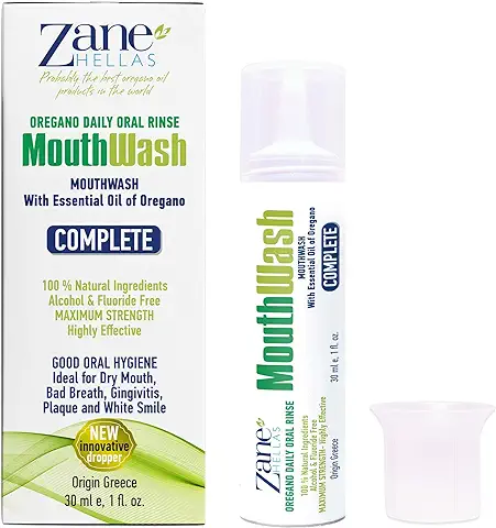 Zane Hellas MouthWash.Enjuague Bucal con Aceite de Orégano.Ideal para la Gingivitis, la Placa, la boca seca y el mal Aliento.Libre de Alcohol y Flúor. Solución 100% Herbal.1fl.oz-30 m  