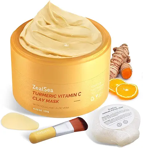 ZealSea Máscara de Arcilla de Cúrcuma, Máscara Facial 120g, Contiene 50% de Aloe Vera Orgánico, para Manchas Oscuras, Ilumina y Refina los Pros, Viene con Cepillo y Esponja Limpiadora  