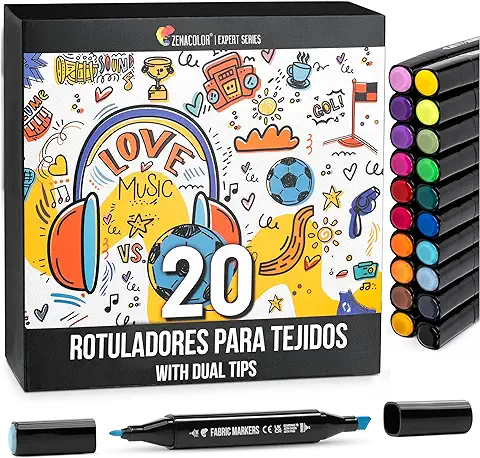 Zenacolor 20 Rotuladores Textiles Permanentes con Doble Punta - Rotuladores para Tela Permanente con Puntas Finas y Biseladas para Múltiples Efectos - Para Niños y Adultos  