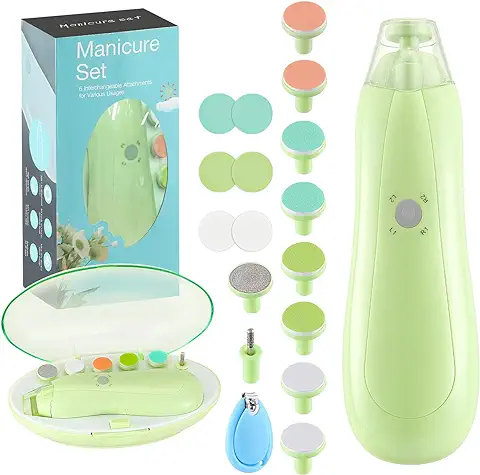 Zooawa Lima de Uñas para Bebés, Cortauñas Eléctrica Niños Juego Manicura Dedos y Pies, 20 en 1 Cortador con Luz LED Mudo Operación, Cuidado de Bebé Recién Nacido Mamá Adulto en Familia, Verde Aguacate  