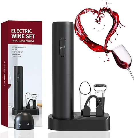 ZOYIDOUX Abridor de vino Eléctrico 6 en 1 Juego, Sacacorchos Eléctrico con Base, Cortador, Vertedor, Tapón de Vacío de Silicona, Tapones de Champán, Regalo de para los Amantes del vino  